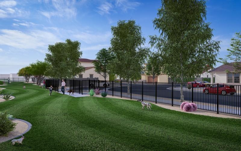 a fenced in lawn with a dog and people walking around