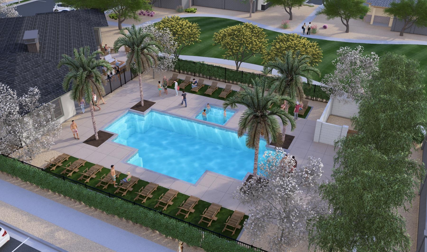 a pool surrounded by trees