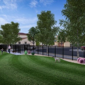 The essence of exceptional living a fenced in lawn with a dog and people walking around