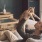 a person lying on a couch with a cat on the head