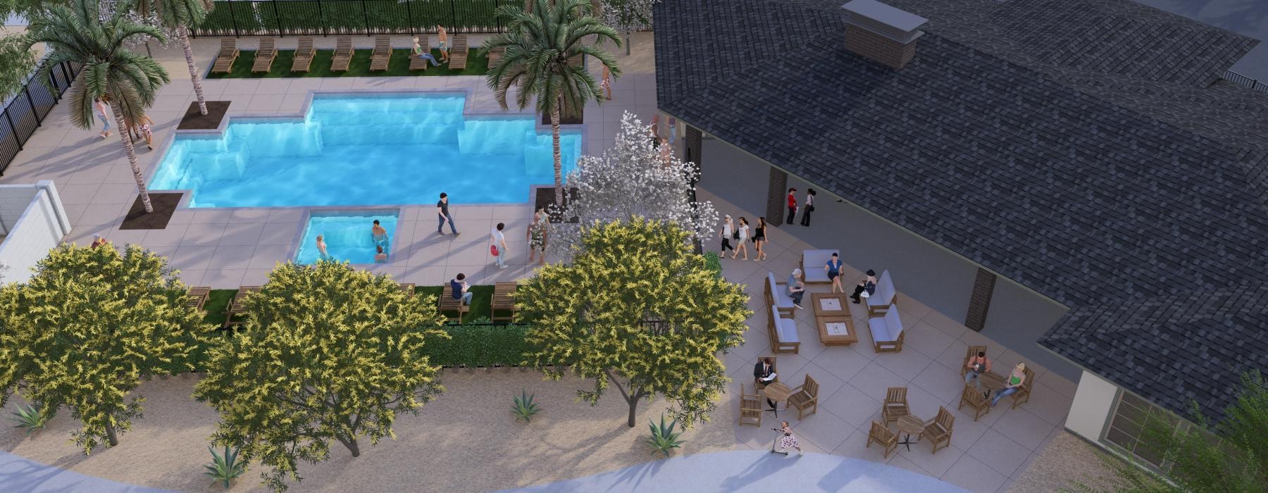 a pool with people sitting around it